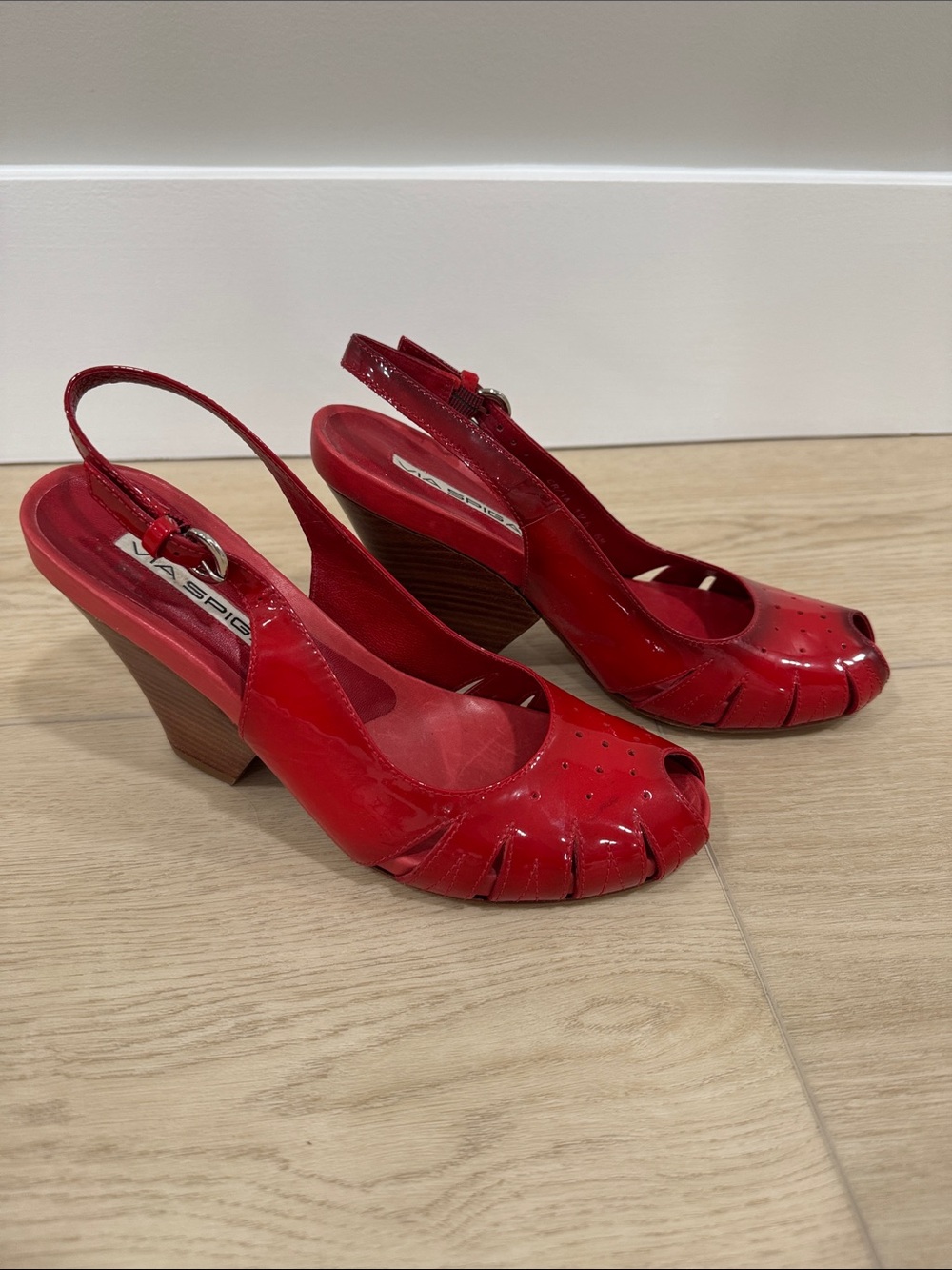 Via Spiga Red Patent Peep-Toe Slingback Heels with Cutout Perforation - Picture 2 of 9